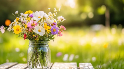 Colorful Wildflowers in a Glass Jar Outdoors