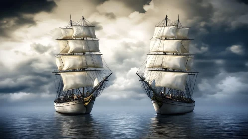 Serene Sailing Ships with Full Sails Under Cloudy Sky