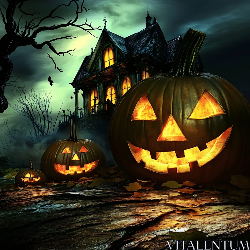 AI ART Haunted Mansion and Jack-O'-Lanterns at Night