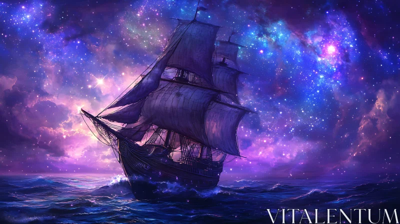 Tall Ship Surreal Journey Under a Cosmic Night Sky AI Image