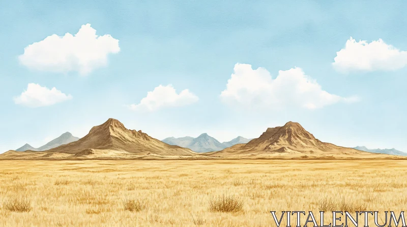 AI ART Golden Field with Majestic Mountains Under Blue Sky