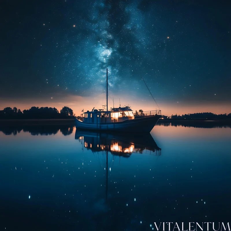 Starlit Night with Boat Reflection AI Image