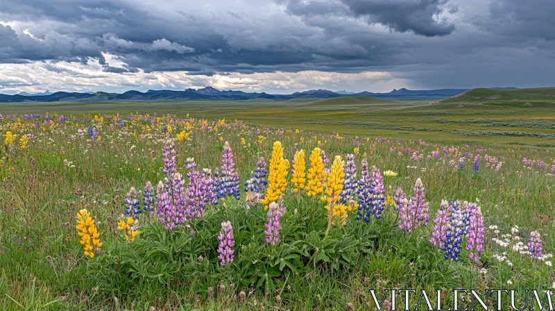 Colorful Blooming Field Against Mountainous Horizon AI Image