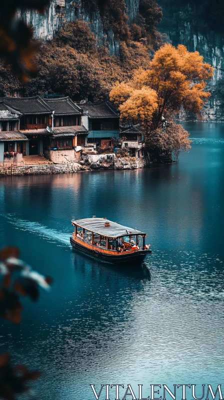 Serene Lakeside with Autumn Trees and a Boat AI Image