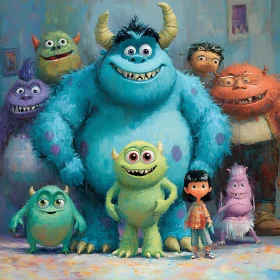 Cheerful Cartoon Monster Family with Human Kid