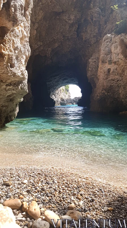 AI ART Cave Entrance with Clear Blue Waters and Pebbled Beach