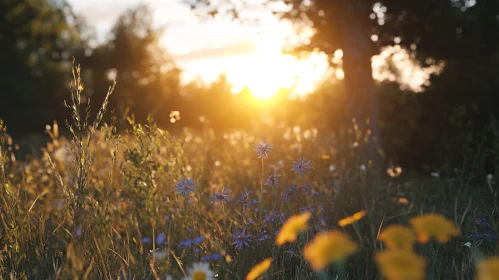 Tranquil Sunset Over Blooming Fields