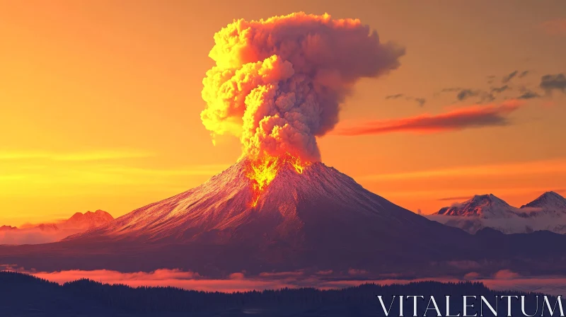 Fiery Volcano with Sunset Background AI Image