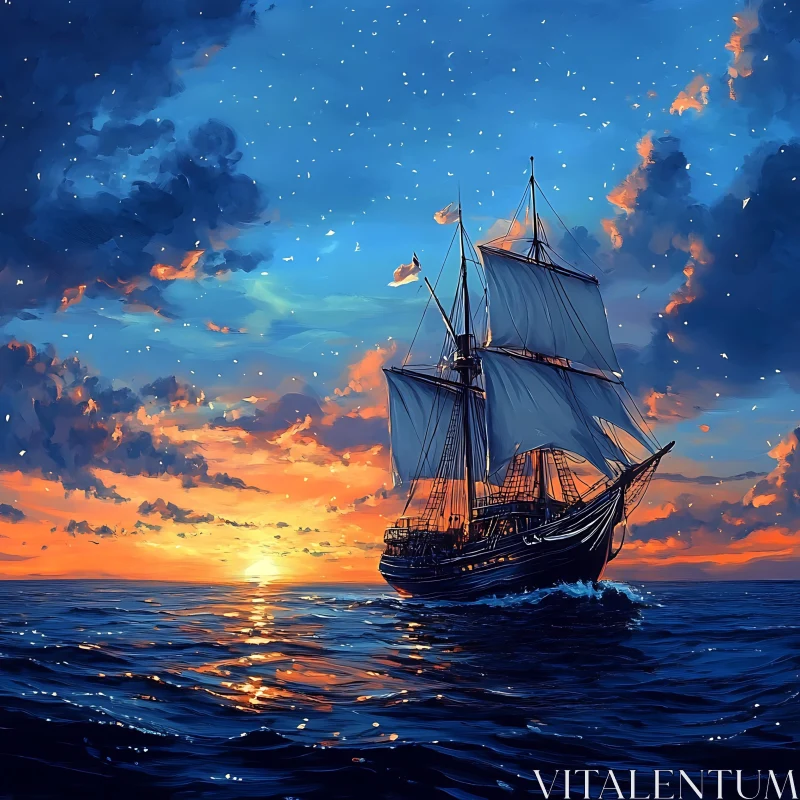 Tranquil Sunset Voyage With a Majestic Ship AI Image