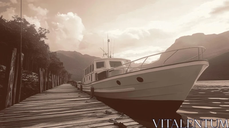 Tranquil Scene of Boat at Pier with Mountains AI Image