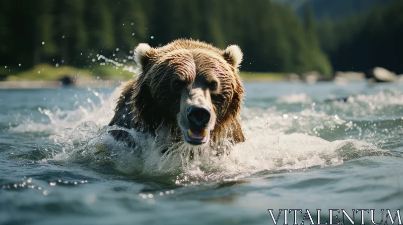 Grizzly Bear Swimming in Nature - Adventure Themed Wildlife Photography AI Image