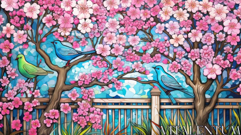 Neo-Traditional Outdoor Art Featuring Birds and Cherry Blossoms AI Image