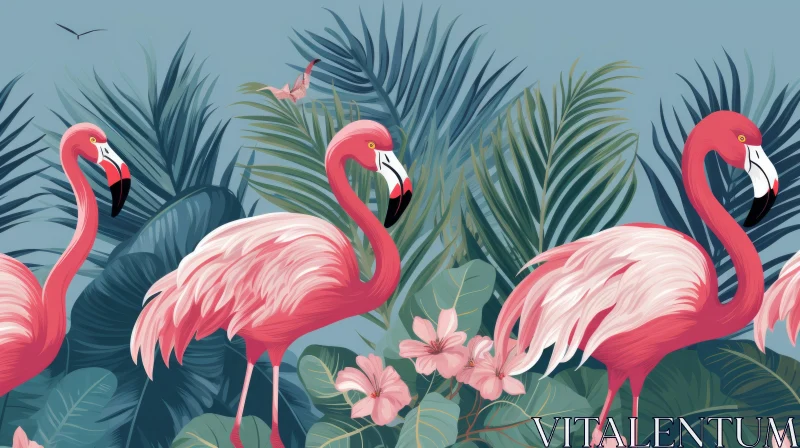 Pink Flamingos Amidst Tropical Plants - A Captivating Illustration AI Image