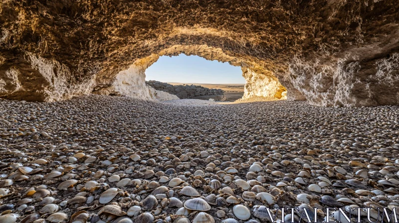 Sunlit Shell-Covered Cave and Peaceful Coastal View AI Image