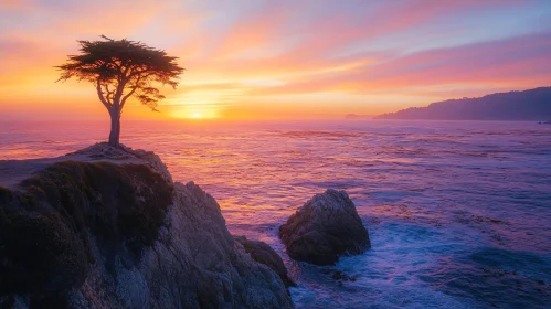 Solitary Tree at Dusk by the Sea