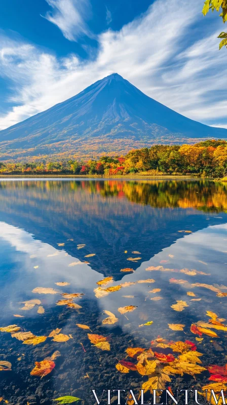 Autumn Reflection of Mountain and Leaves in Lake AI Image