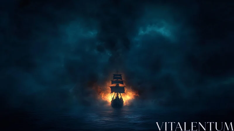 Fiery Ship Sailing Through the Storm AI Image