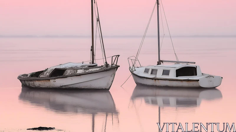 Serenity of Two White Boats on a Pink-Hued Lake AI Image