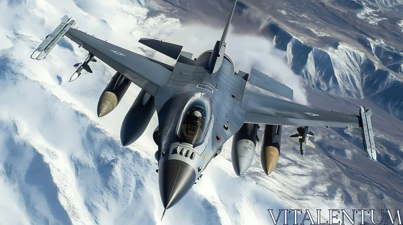 Aerial View of Armed Military Jet Over Mountain Range AI Image