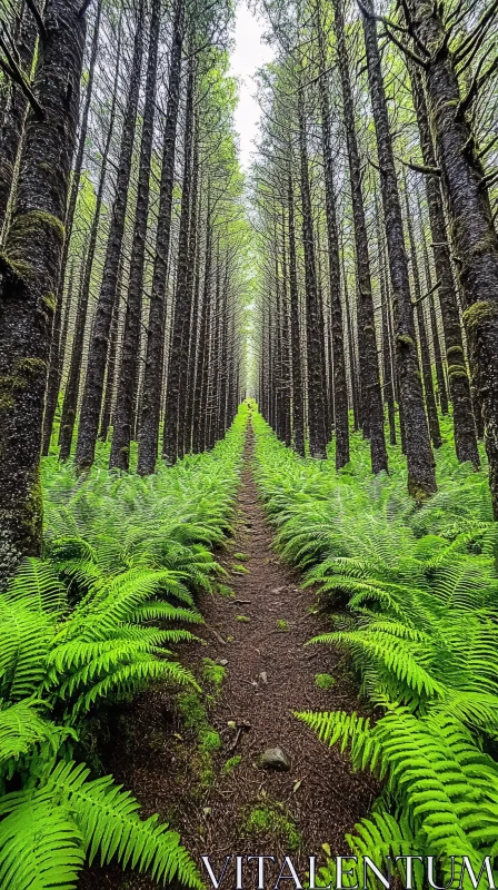 Enchanting Forest Trail with Heavenly Greenery AI Image