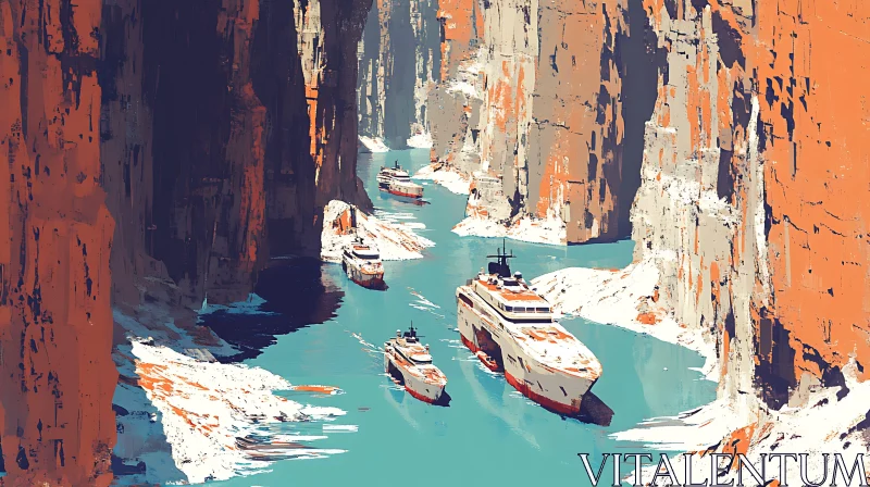 Scenic Waterway with Boats and Cliffs AI Image