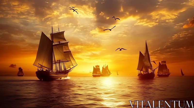 Sailing Ships on a Tranquil Sunset Ocean AI Image