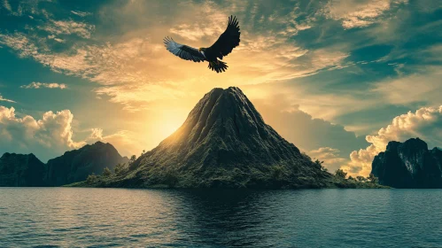 Eagle in Flight Over a Sunset-Lit Mountain Lake