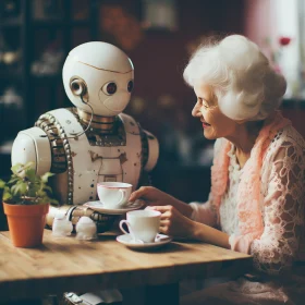 Elderly Woman in Vintage Aesthetics Enjoying Tea with Robot