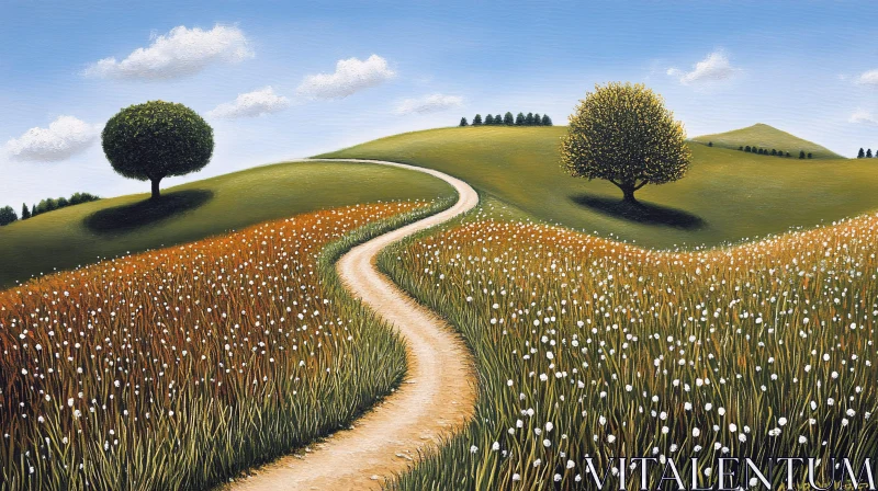 AI ART Path Leading Through Meadow with Trees and Hills