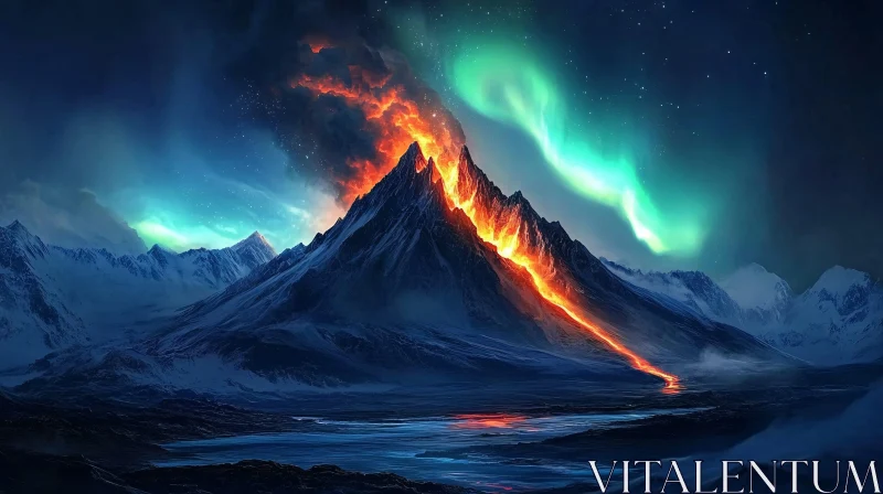 AI ART Volcanic Eruption Lit by Northern Lights