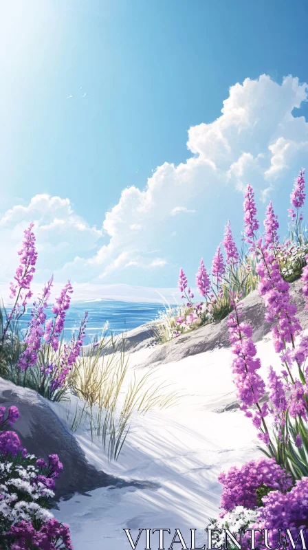 AI ART Tranquil Coastal Landscape with Blossoming Wildflowers