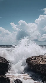 Wave Splash Against Rocks with Cloudy Sky Background