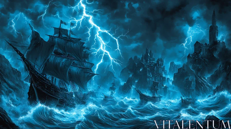 Thunderous Night at Sea AI Image