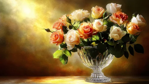 Orange and White Roses in Crystal Vase