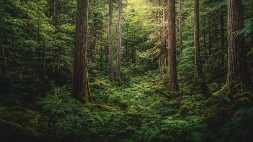 Serene Forest Landscape with Dense Foliage and Tall Trees