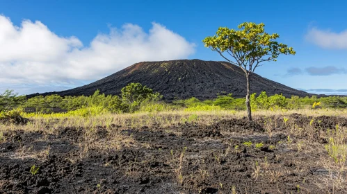 Tree in Lava Field with Volcano Background