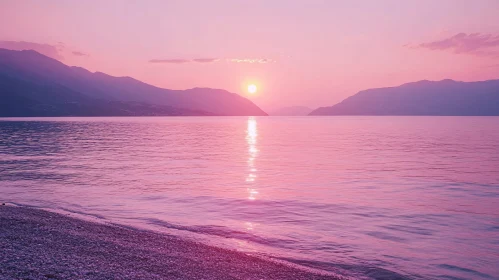 Serene Sunset Over Calm Ocean and Mountains