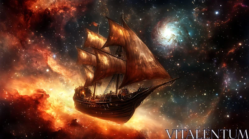 Cosmic Voyage: Ship Amidst Galaxies AI Image