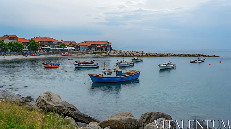 Serene Harbor with Anchored Fishing Boats and Scenic Town AI Image