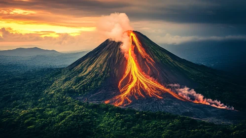 Fiery Volcano Eruption Amidst Lush Landscape