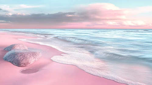 Serene Pink Beach with Gentle Waves and Pastel Clouds