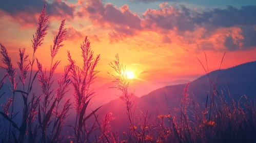 Golden Hour Over Mountains and Grasses