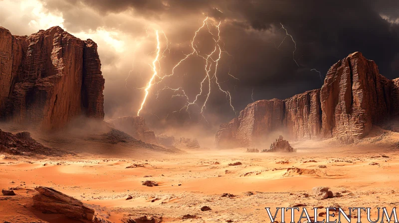 AI ART Desert Thunderstorm with Striking Lightning and Majestic Cliffs