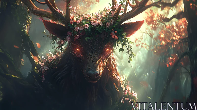 AI ART Enchanted Forest Deer with Glowing Eyes and Flower-Vined Antlers