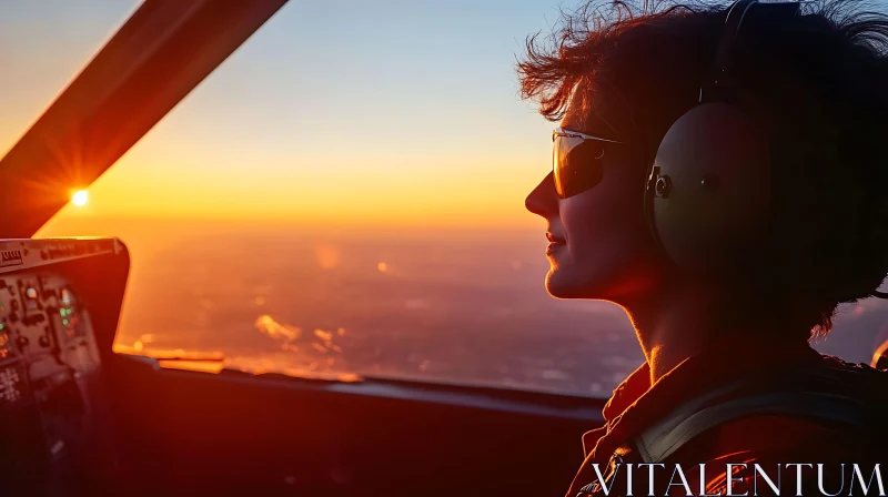 Sunset Flight with Pilot in Cockpit AI Image