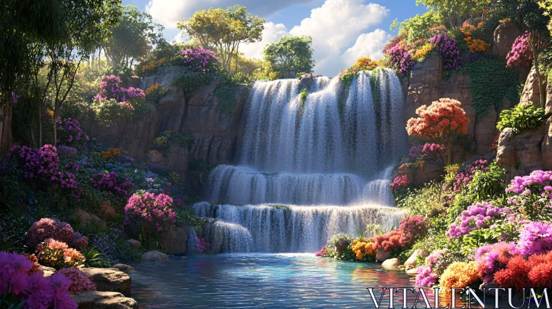 AI ART Serene Waterfall with Colorful Flowers