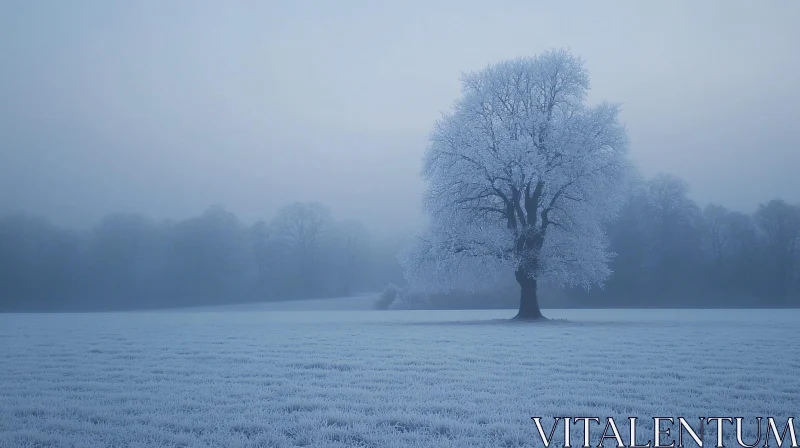 Frosty Winter Landscape with Lone Tree AI Image