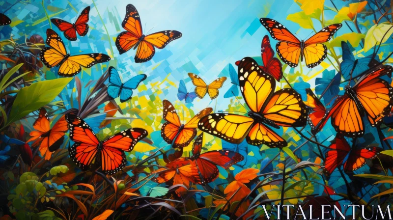 Monarch Butterflies in Tropical Sky: A Mosaic of Color and Life AI Image