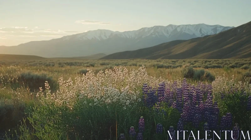 AI ART Serene Landscape of Blooming Wildflowers and Mountains at Sundown