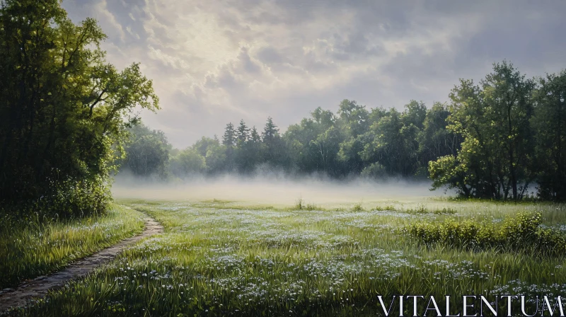 AI ART Foggy Meadow Leading to Horizon